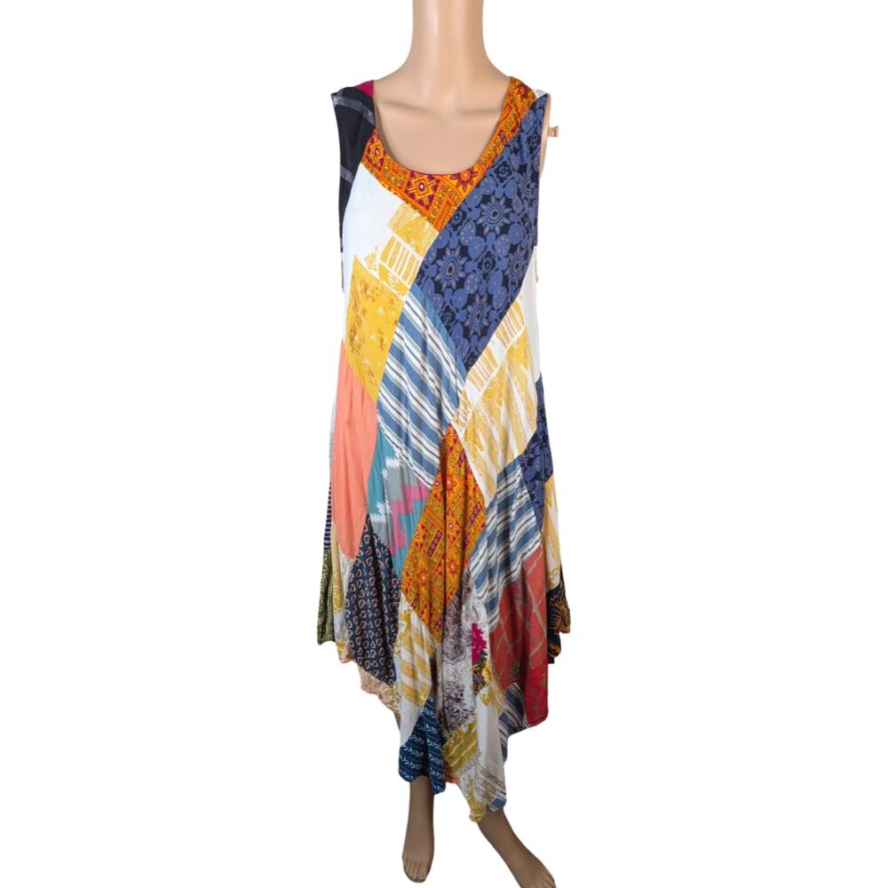 Handmade Vintage Patchwork Asymmetric Hem Swing Shift Dress Bohemian Hippie L/XL